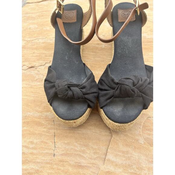 Tory Burch Designer Black Bow Wedge Espadrille Heel Size 7 KB - Picture 3 of 5